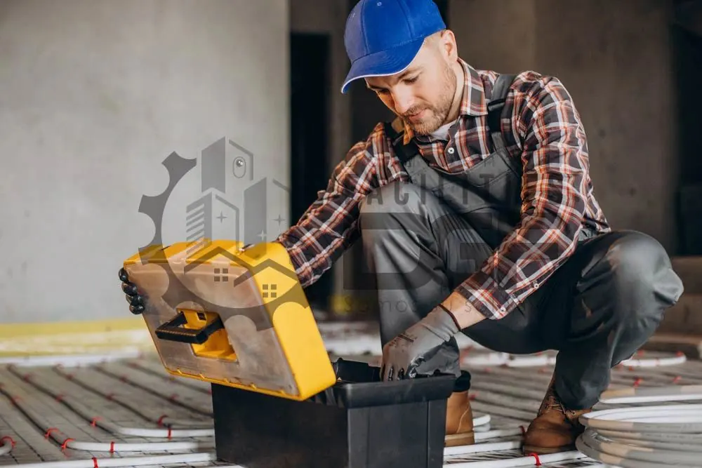 Técnico con gorra revisando su caja de herramientas en una instalación
