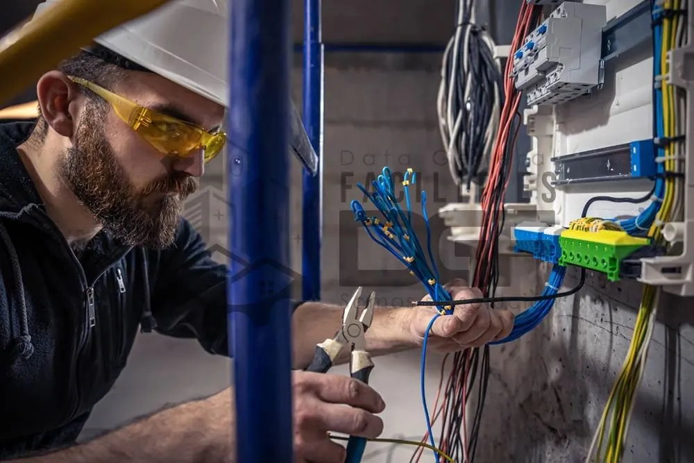 Electricista con casco y lentes trabajando en un tablero eléctrico